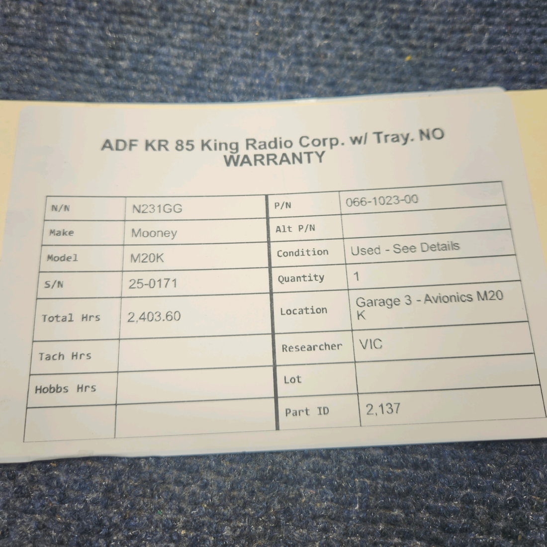 Used aircraft parts for sale, 066-1023-00 Mooney M20K ADF KR 85 KING RADIO CORP. W/ TRAY. NO WARRANTY