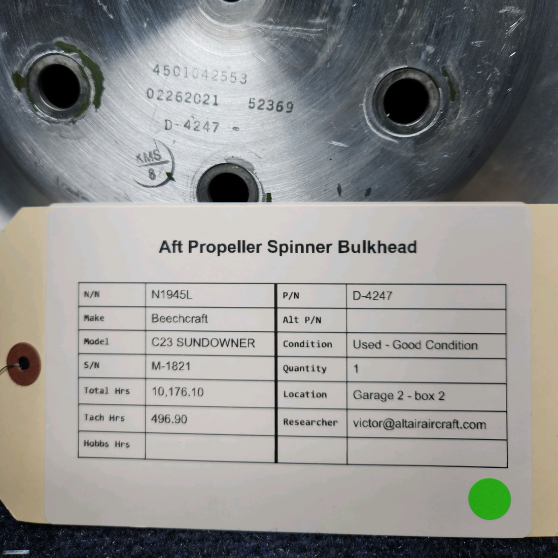 Used aircraft parts for sale, D-4247 Beechcraft C23 SUNDOWNER AFT PROPELLER SPINNER BULKHEAD
