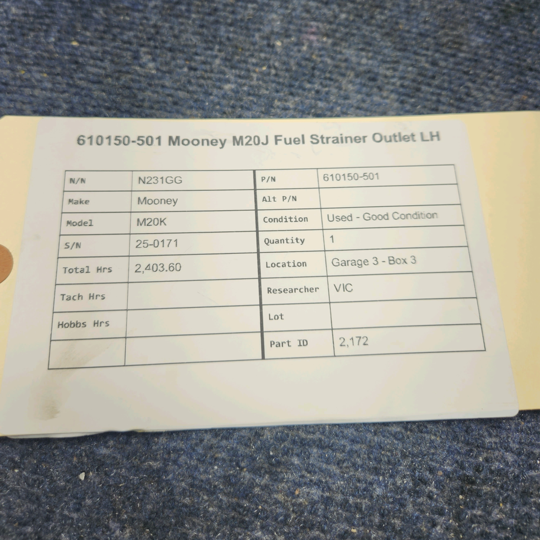 Used aircraft parts for sale, 610150-501 Mooney M20K FUEL STRAINER OUTLET LH