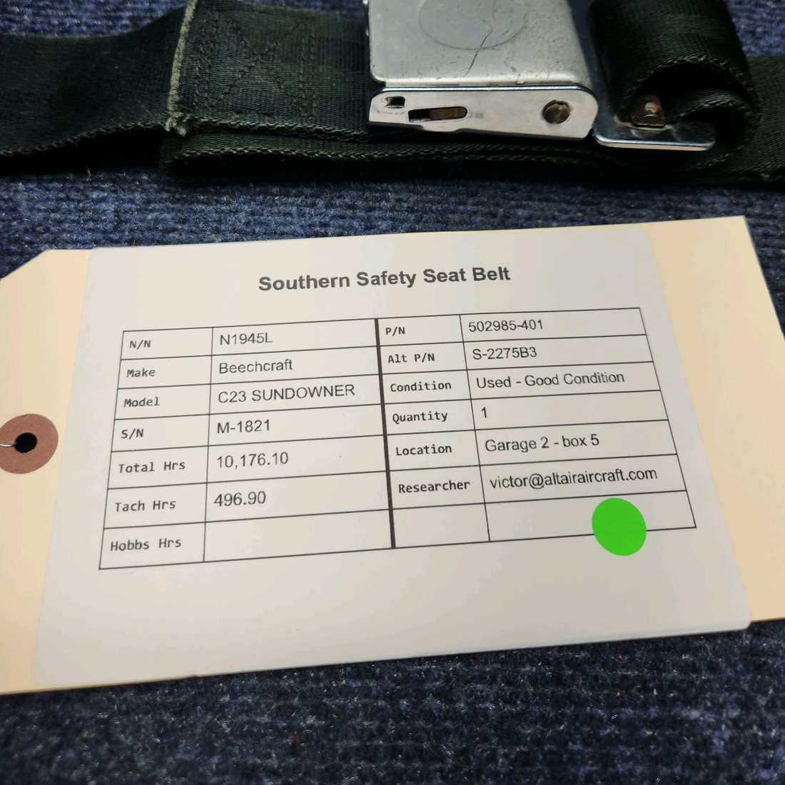 Used aircraft parts for sale, 502985-401 Beechcraft C23 SUNDOWNER SOUTHERN SAFETY SEAT BELT
