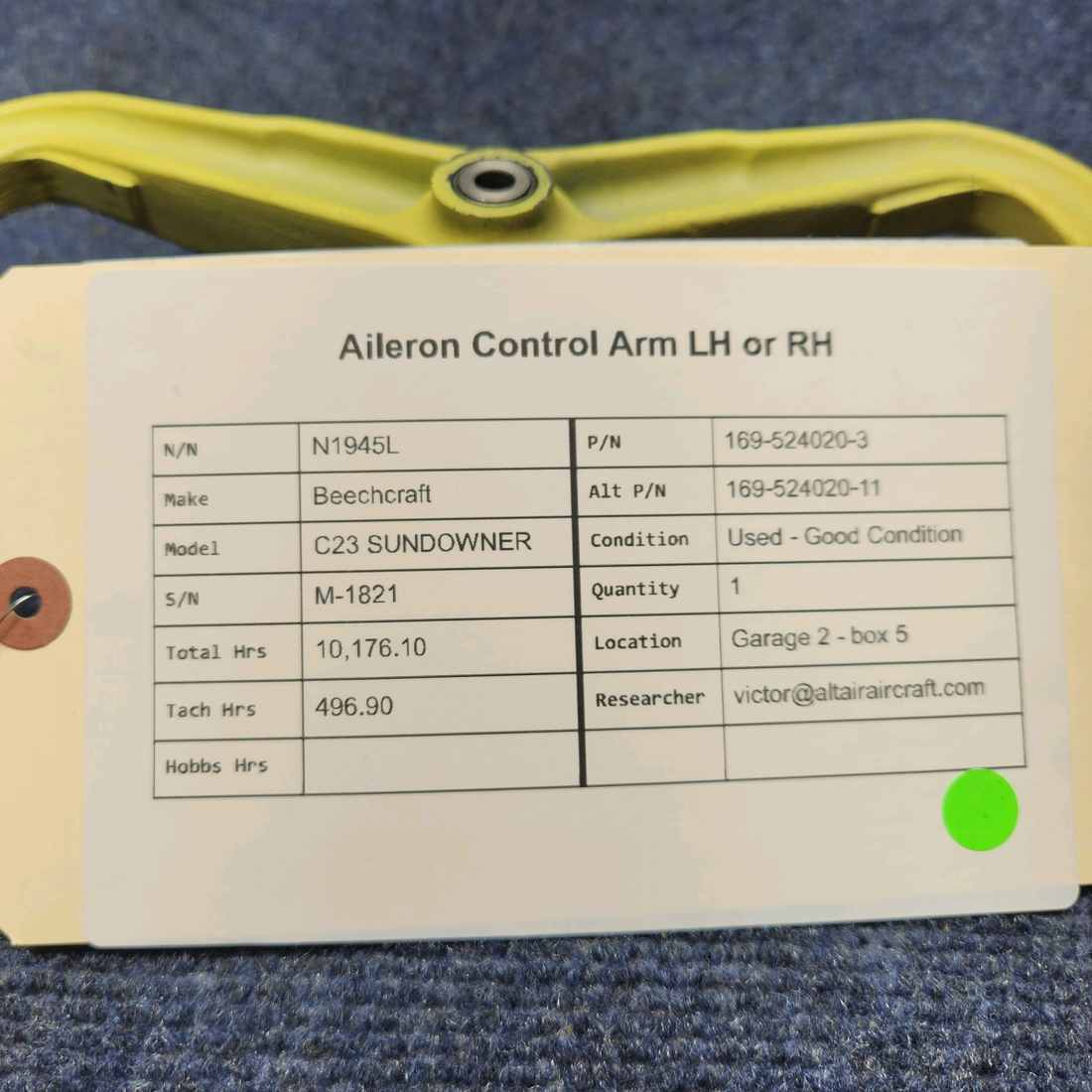 Used aircraft parts for sale, 169-524020-3 Beechcraft C23 SUNDOWNER AILERON CONTROL ARM LH OR RH