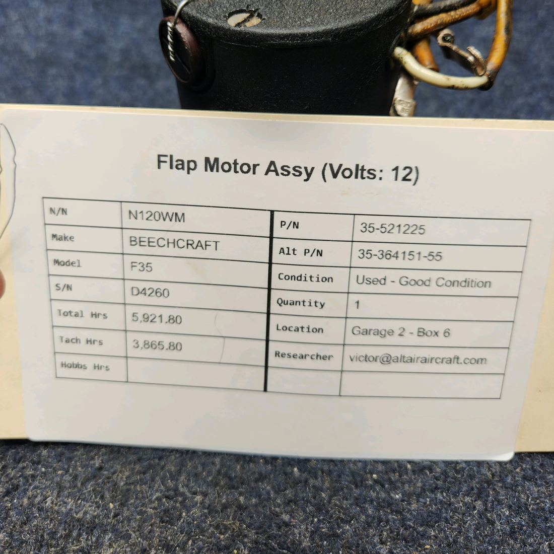 Used aircraft parts for sale, 35-521225 BEECHCRAFT F35 FLAP MOTOR ASSY (VOLTS: 12)