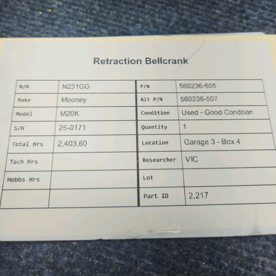 Used aircraft parts for sale, 560236-505 Mooney M20K RETRACTION BELLCRANK