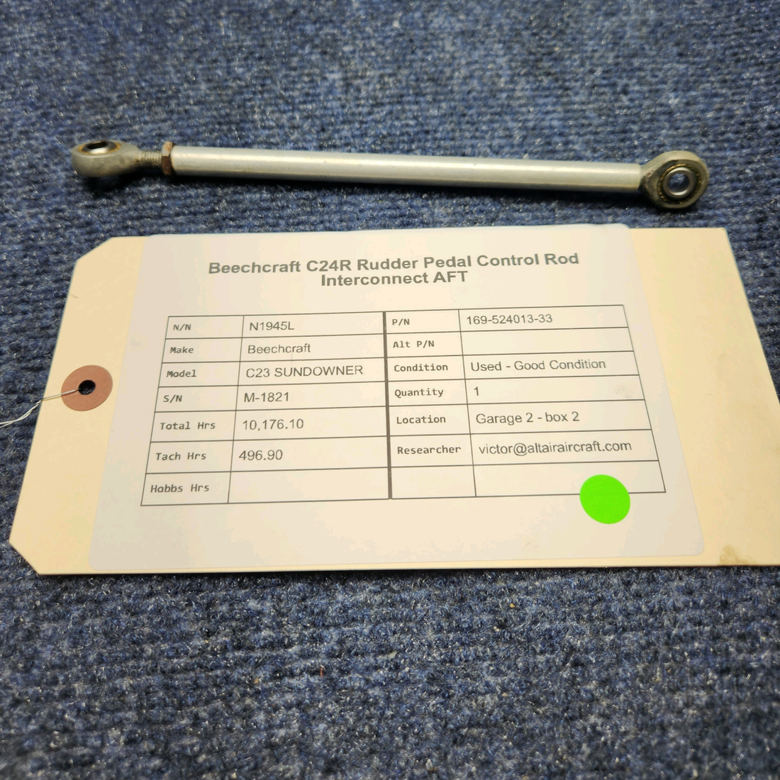 Used aircraft parts for sale, 169-524013-33 Beechcraft C23 SUNDOWNER RUDDER PEDAL CONTROL ROD INTERCONNECT AFT
