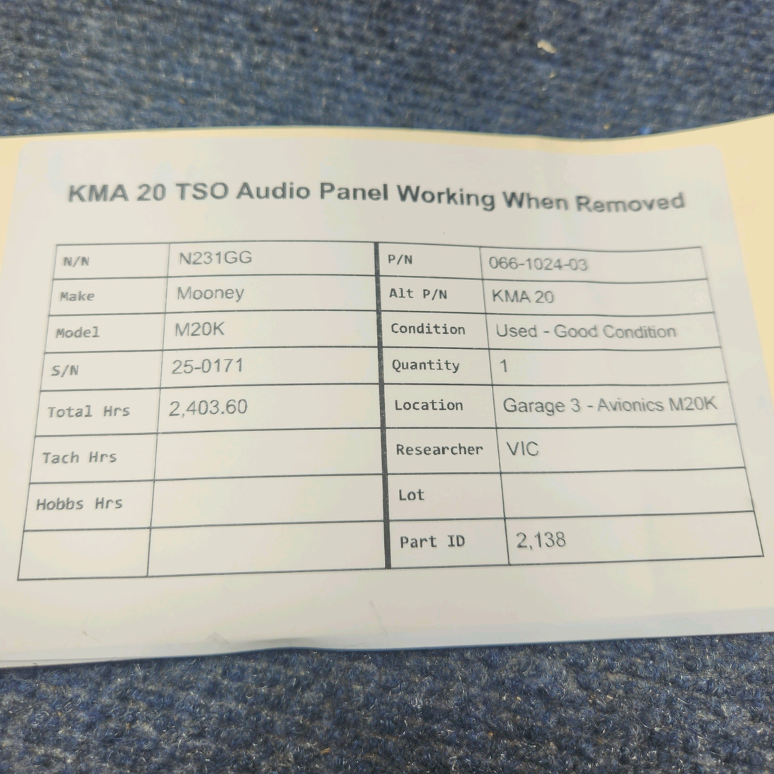 Used aircraft parts for sale, 066-1024-03 Mooney M20K TSO AUDIO PANEL WORKING WHEN REMOVED