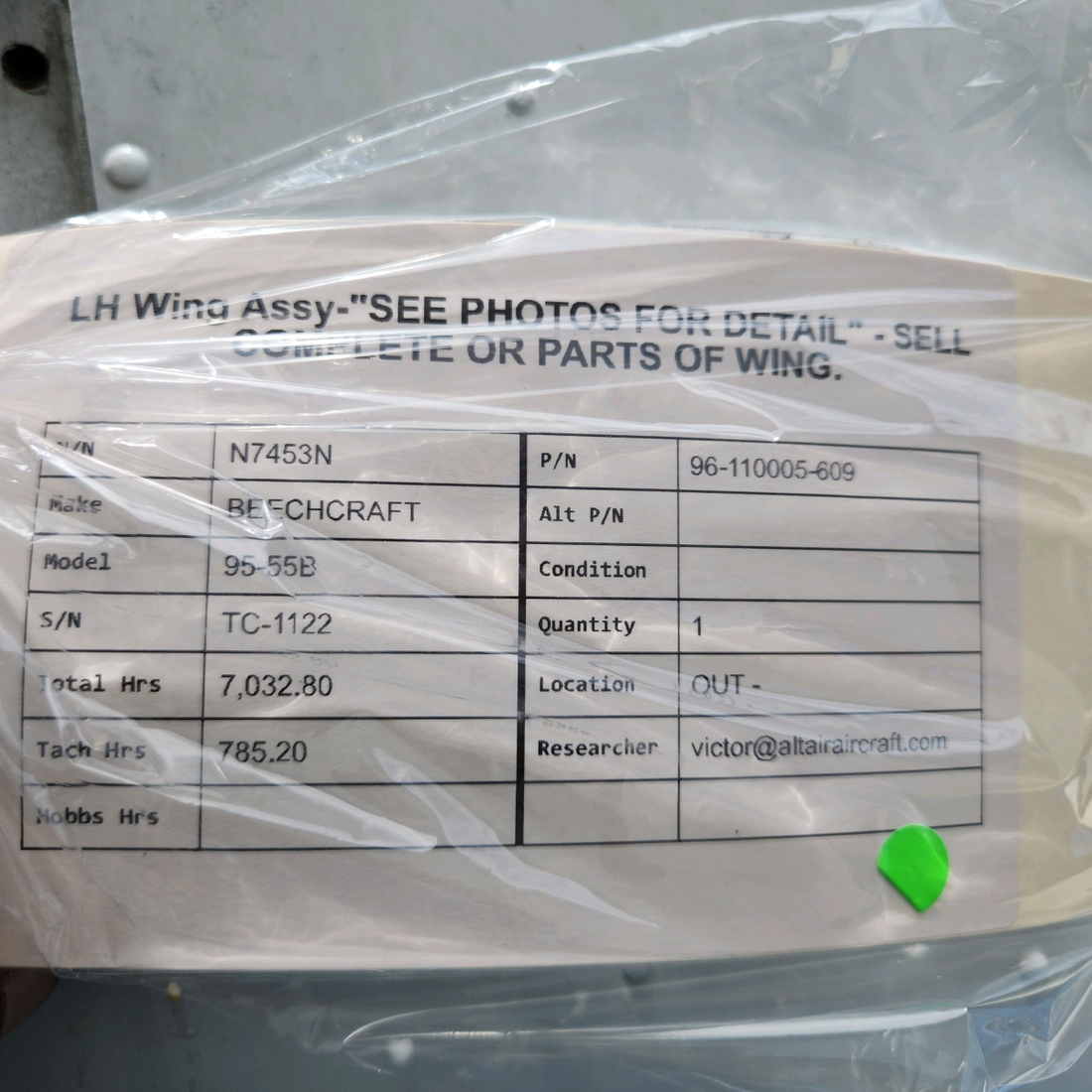 Used aircraft parts for sale, 96-110005-609 BEECHCRAFT 95-55B LH WING ASSY-"SEE PHOTOS FOR DETAIL" - SOLD COMPLETE OR PARTS OF WING.