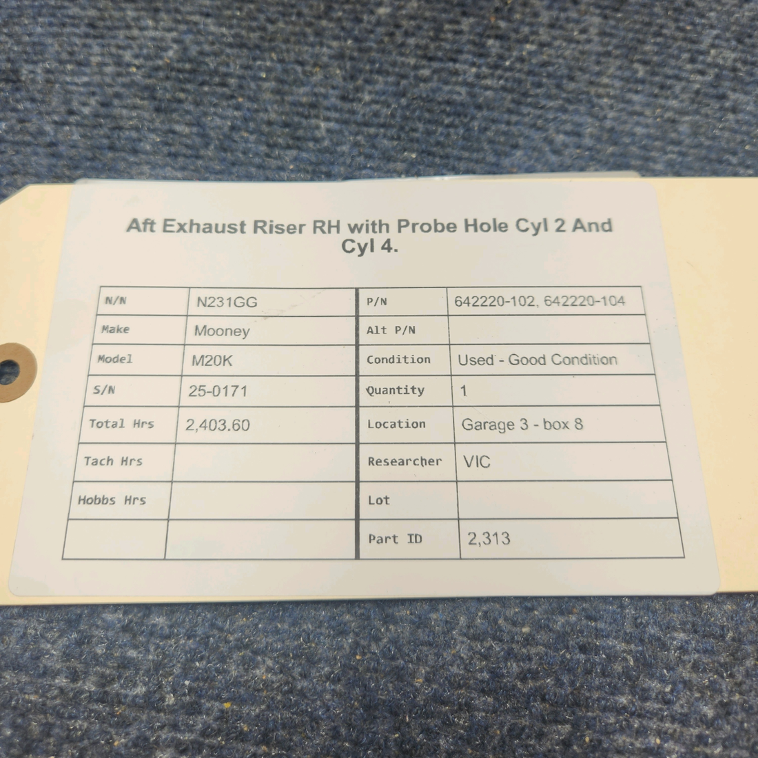 Used aircraft parts for sale, 642220-102, 642220-104 Mooney M20K AFT EXHAUST RISER RH WITH PROBE HOLE CYL 2 AND CYL 4.