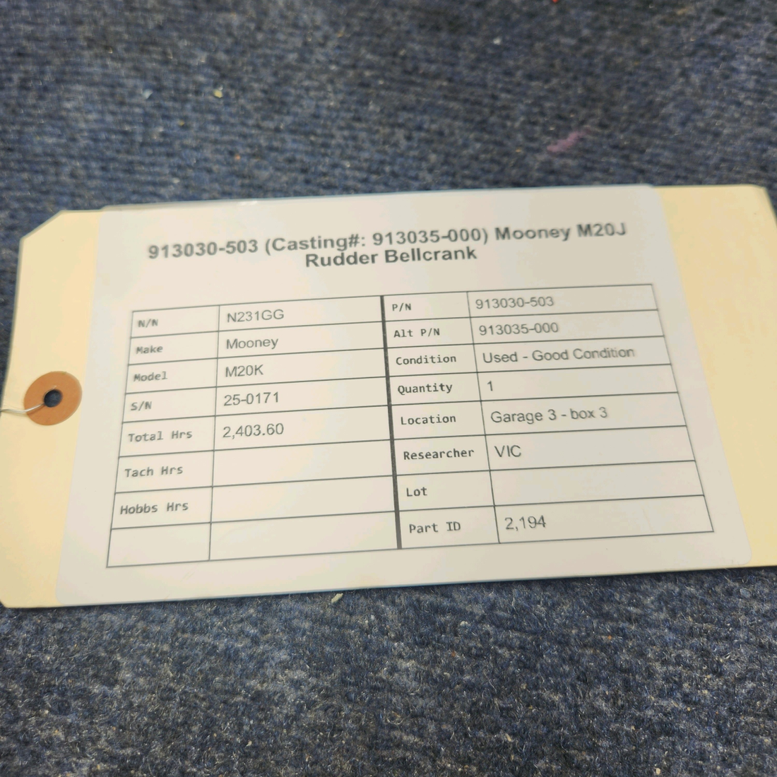 Used aircraft parts for sale, 913030-503 Mooney M20K RUDDER BELLCRANK