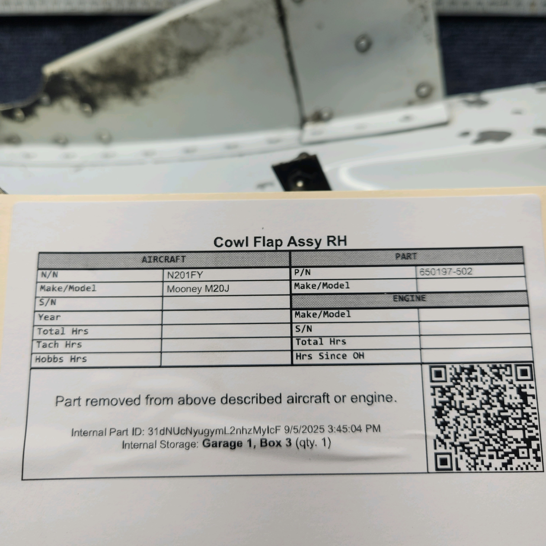 Used aircraft parts for sale, 650197-502 Mooney M20J Cowl Flap Assy - RH