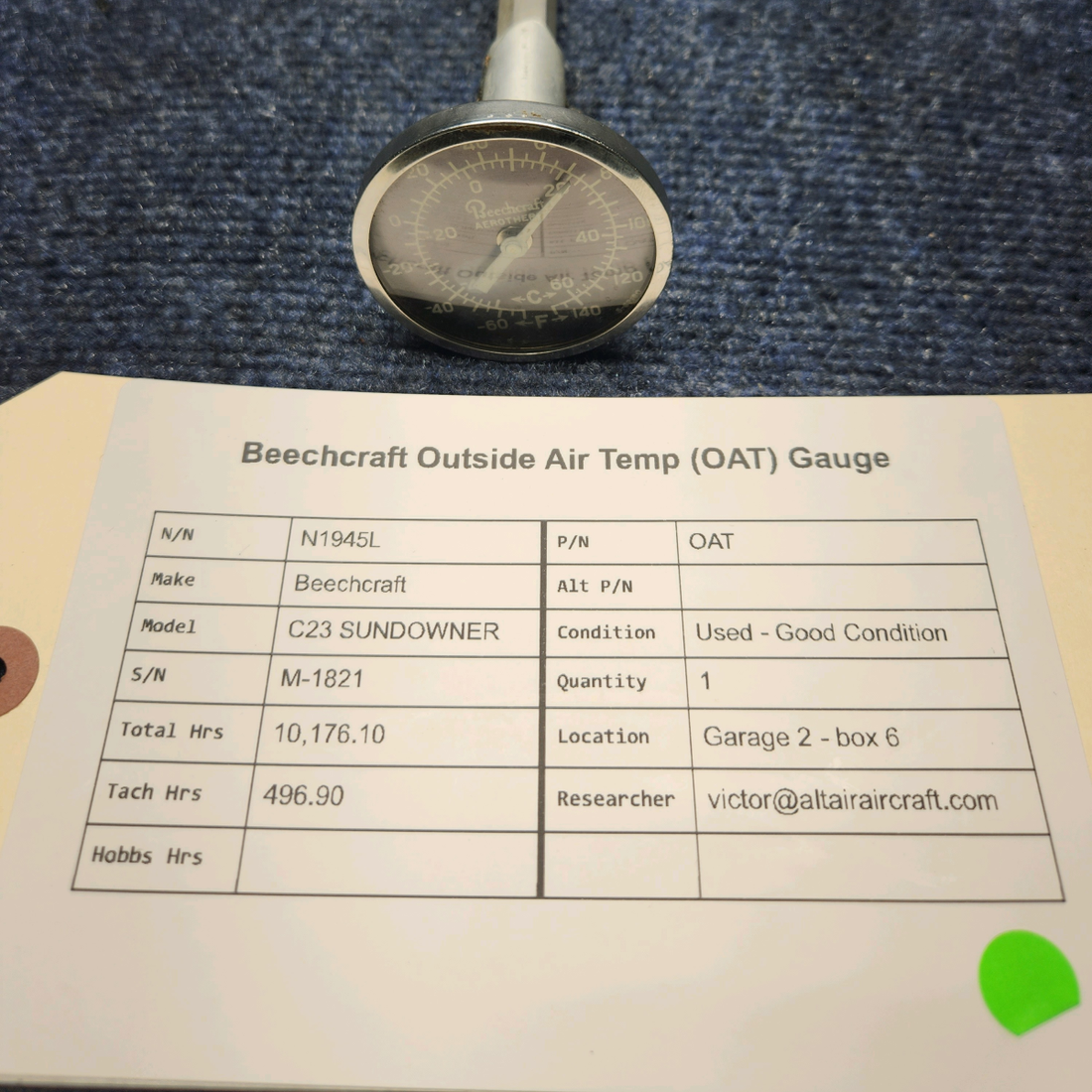 Used aircraft parts for sale, OAT Beechcraft Beechcraft C23 SUNDOWNER OUTSIDE AIR TEMP (OAT) GAUGE
