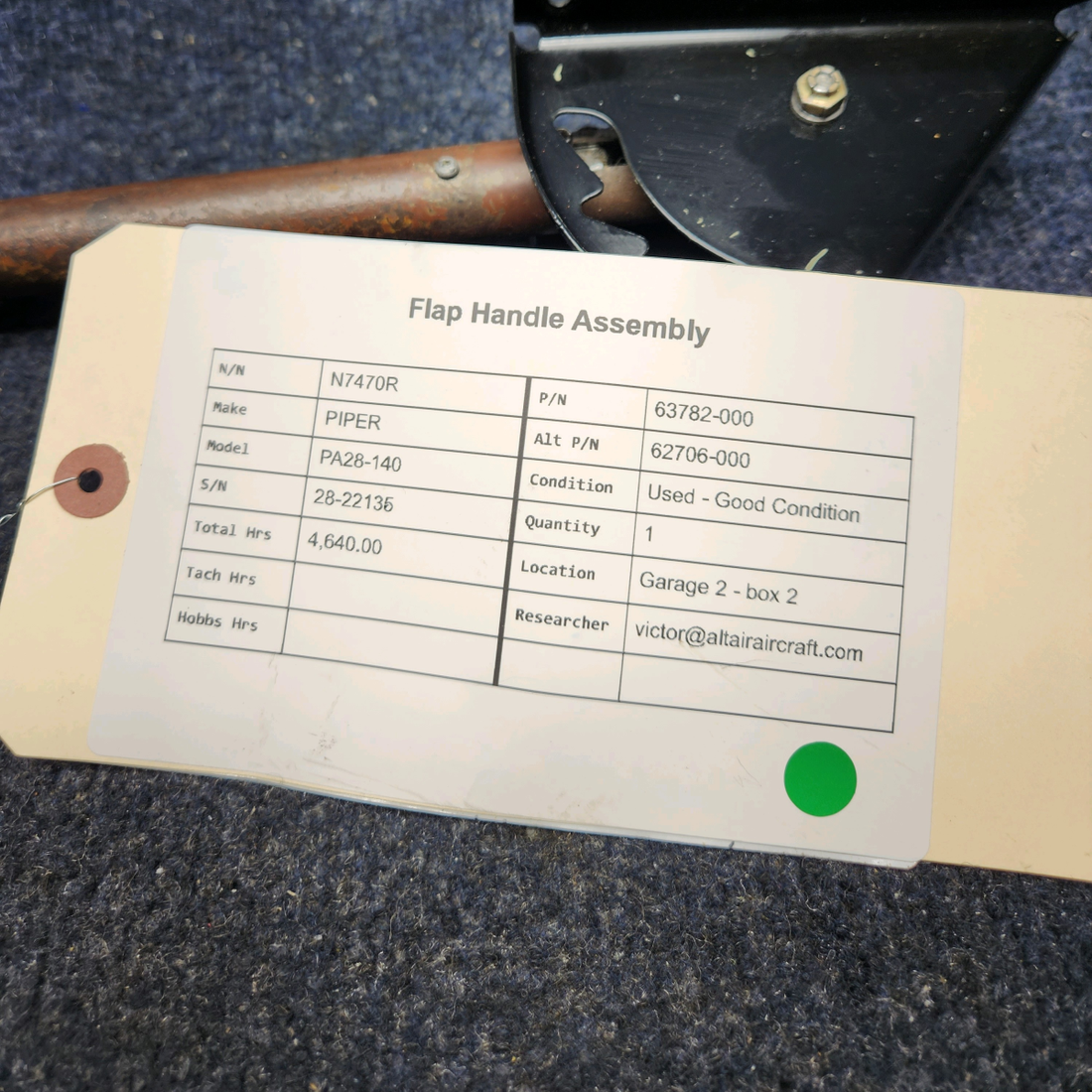 Used aircraft parts for sale, 63782-000 PIPER PA28-140 FLAP HANDLE ASSEMBLY