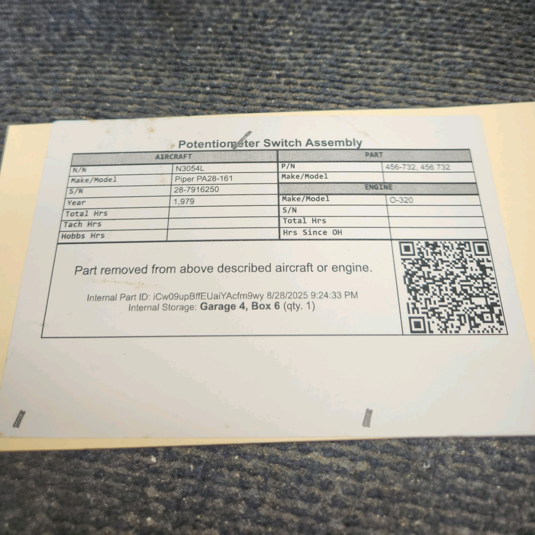Used aircraft parts for sale, 456-732 Piper PA28-161 Potentiometer Switch Assembly