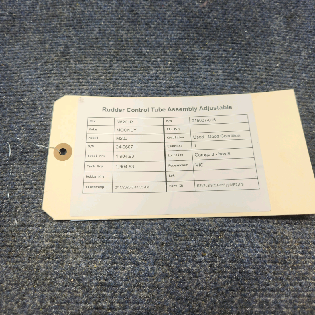 Used aircraft parts for sale, 915007-015 Mooney M20J RUDDER CONTROL TUBE ASSEMBLY ADJUSTABLE