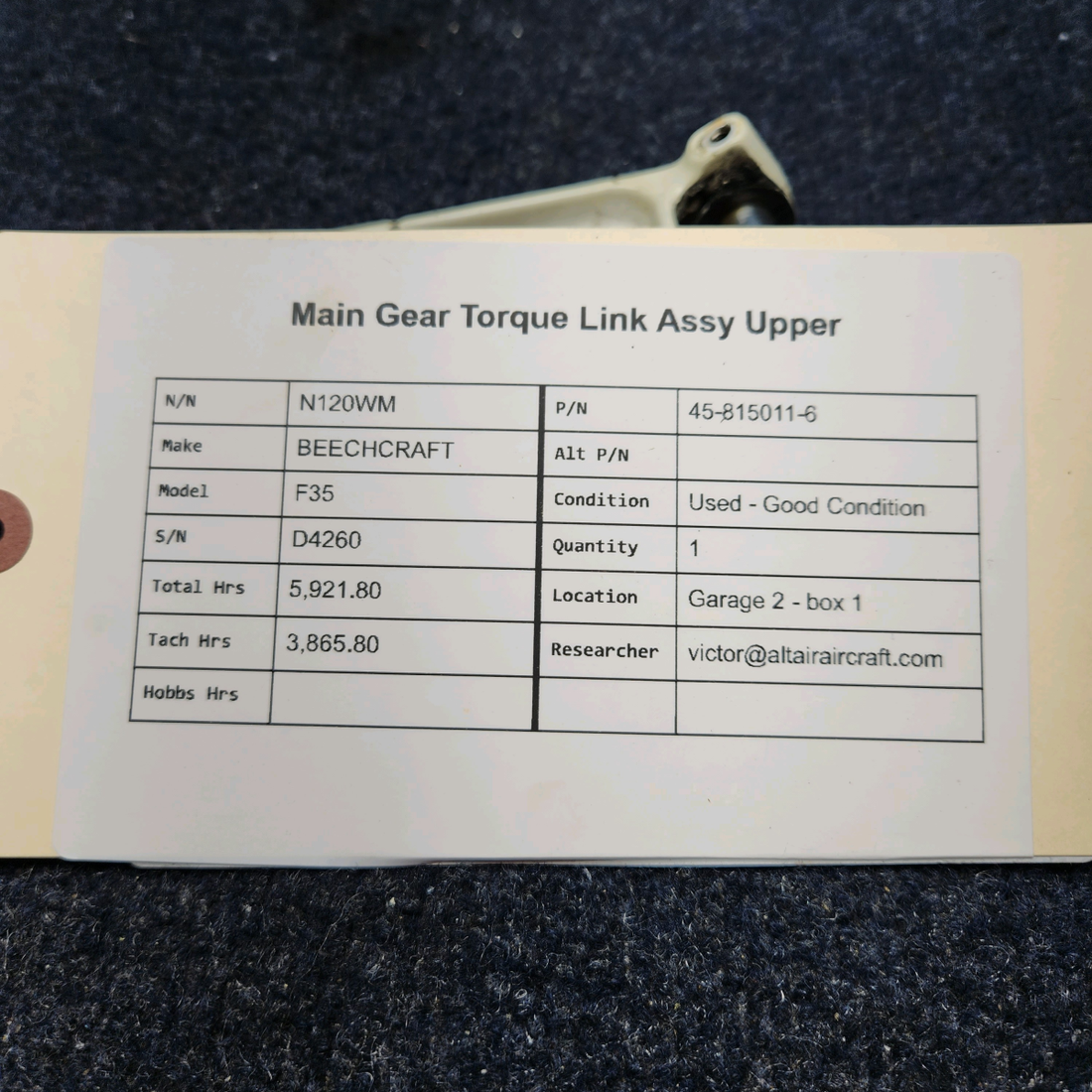 Used aircraft parts for sale, 45-815011-6 BEECHCRAFT F35 MAIN GEAR TORQUE LINK ASSY UPPER