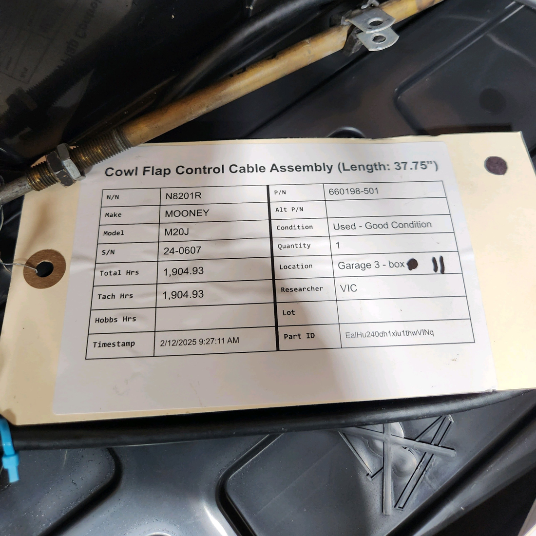 Used aircraft parts for sale, 660198-501 Mooney M20J COWL FLAP CONTROL CABLE ASSEMBLY (LENGTH: 37.75”)