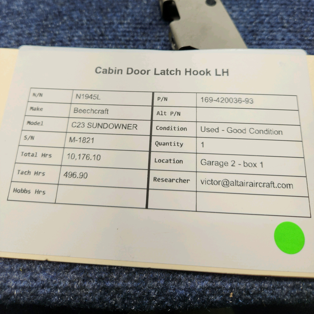 Used aircraft parts for sale, 169-420036-93 Beechcraft C23 SUNDOWNER CABIN DOOR LATCH HOOK LH