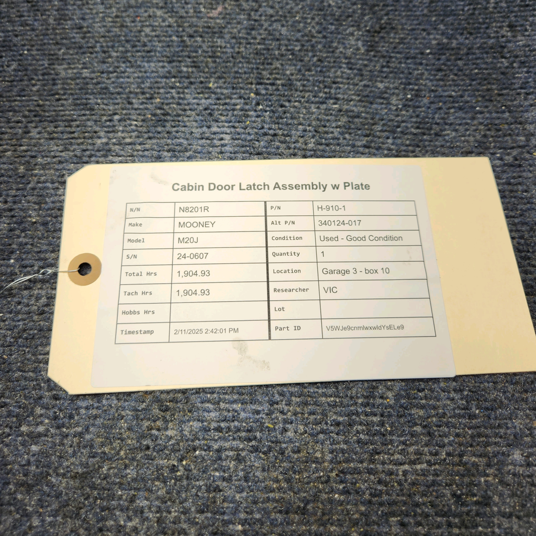 Used aircraft parts for sale, H-910-1 Mooney M20J CABIN DOOR LATCH ASSEMBLY W PLATE