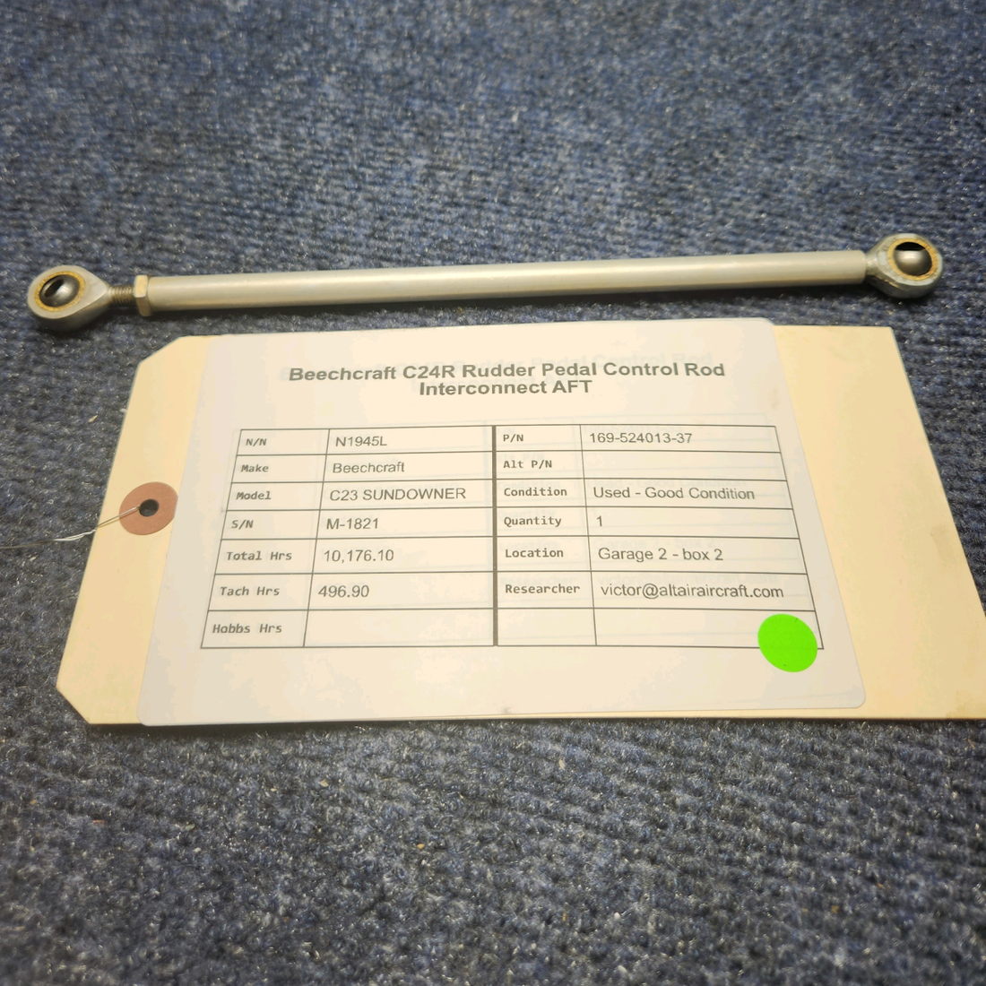 Used aircraft parts for sale, 169-524013-37 Beechcraft C23 SUNDOWNER RUDDER PEDAL CONTROL ROD INTERCONNECT AFT