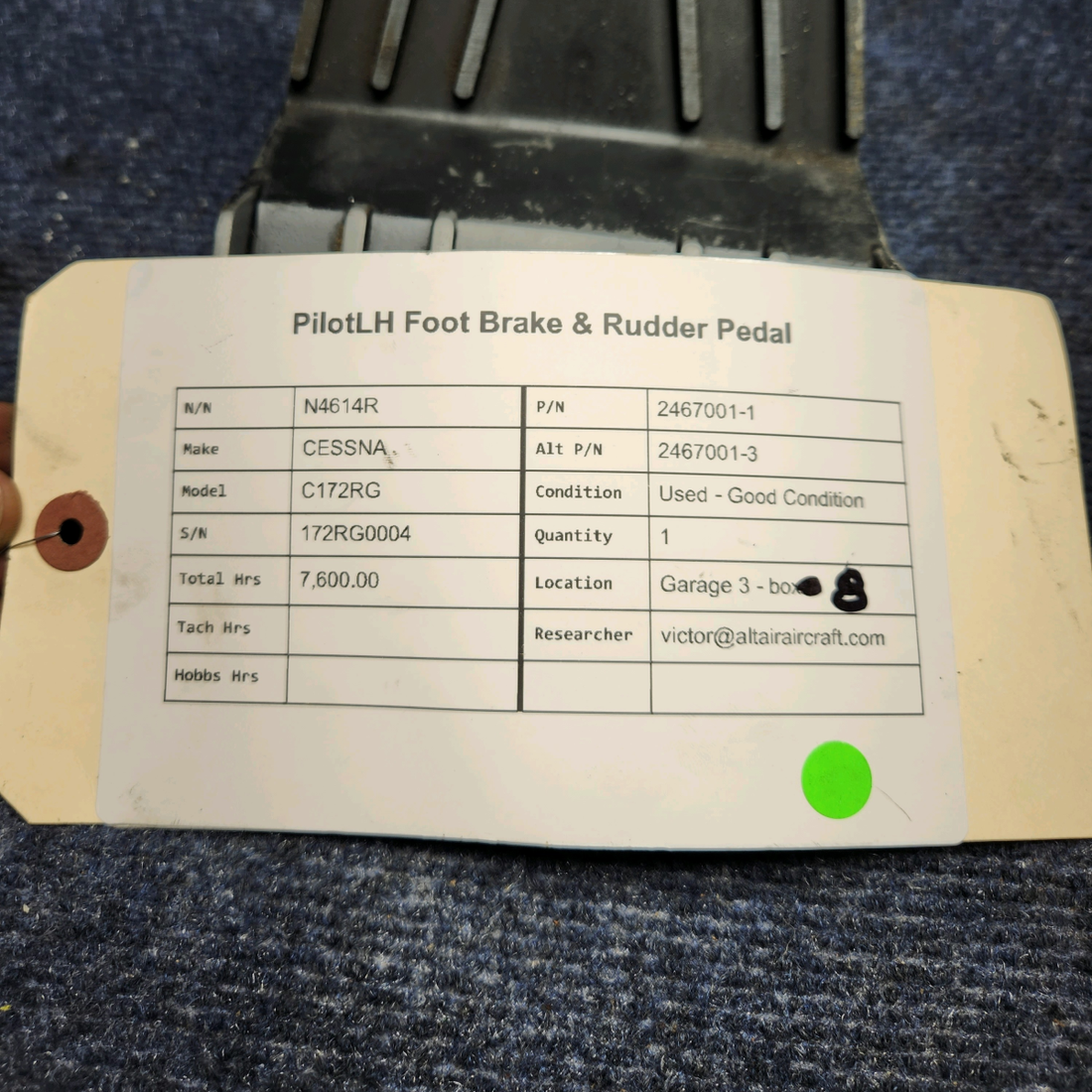 Used aircraft parts for sale, 2467001-1 CESSNA C172RG PILOT LH FOOT BRAKE & RUDDER PEDAL