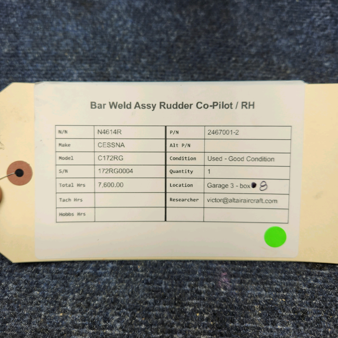 Used aircraft parts for sale, 2467001-2 CESSNA C172RG BAR WELD ASSY RUDDER CO-PILOT / RH