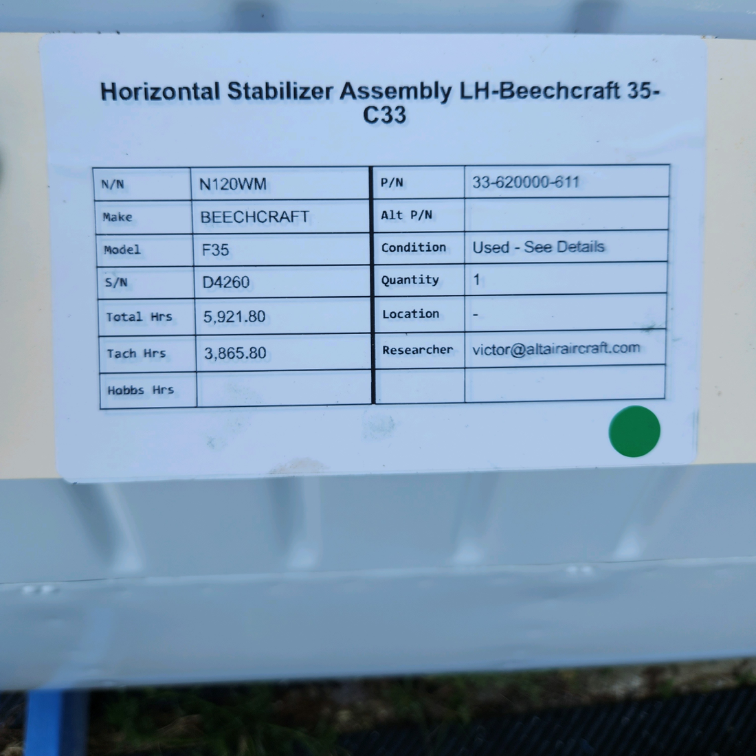 Used aircraft parts for sale, 33-620000-611 BEECHCRAFT F35 HORIZONTAL STABILIZER ASSEMBLY LH-BEECHCRAFT 35-C33