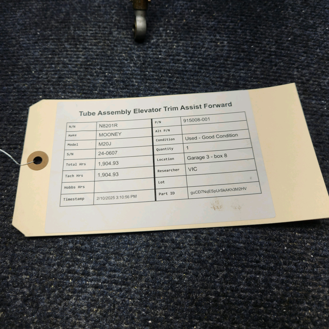 Used aircraft parts for sale, 915008-001 Mooney M20J TUBE ASSEMBLY ELEVATOR TRIM ASSIST FORWARD