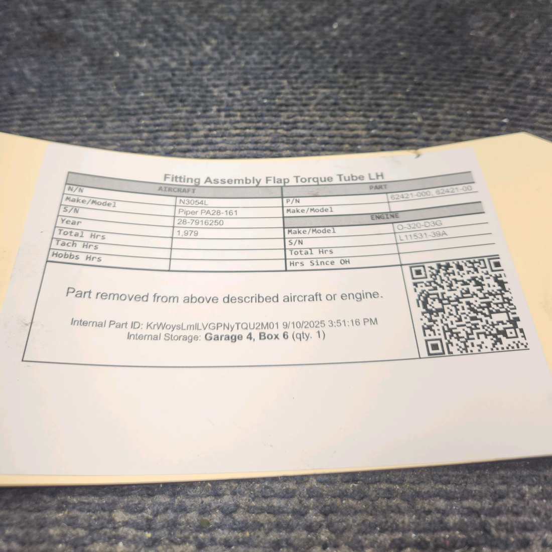 Used aircraft parts for sale, 62421-000 Piper PA28-161 Fitting Assembly Flap Torque Tube - LH