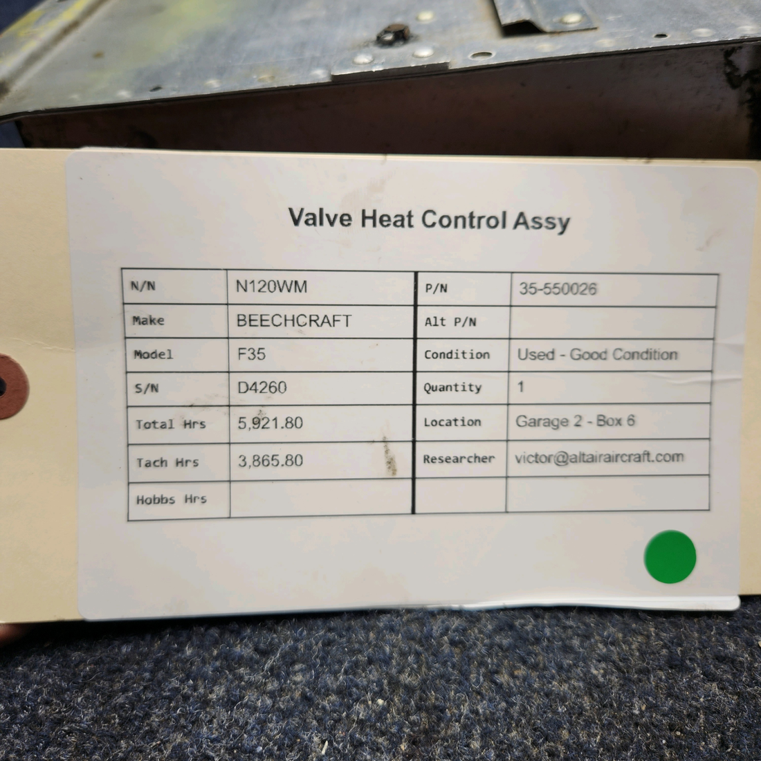 Used aircraft parts for sale, 35-550026 BEECHCRAFT F35 VALVE HEAT CONTROL ASSY