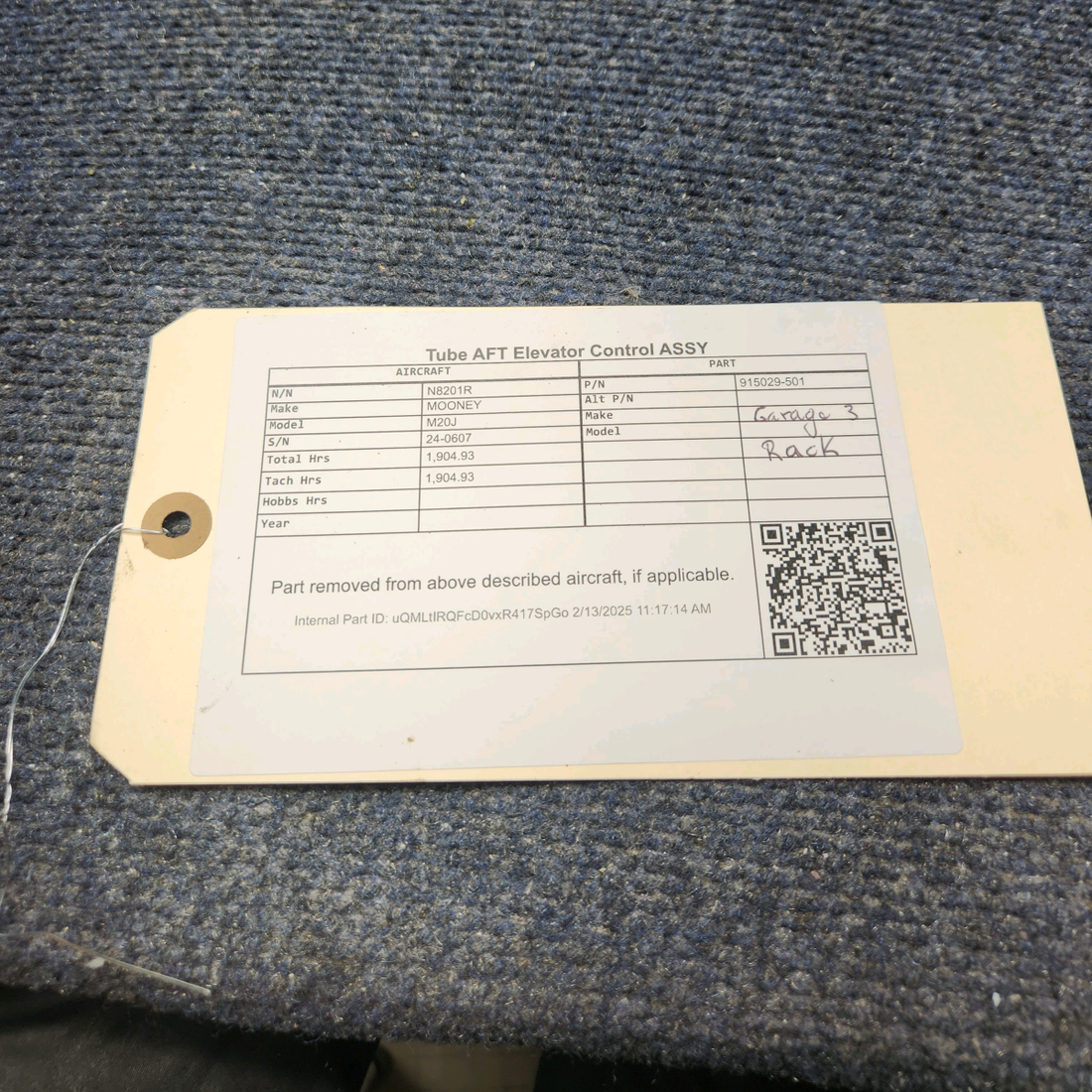 Used aircraft parts for sale, 915029-501 Mooney M20J TUBE AFT ELEVATOR CONTROL ASSY