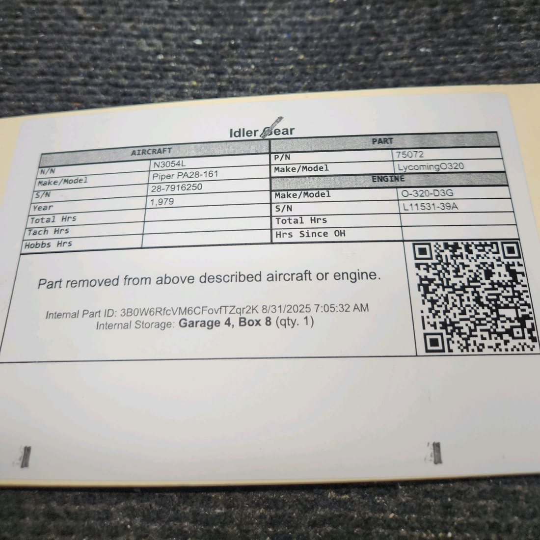 Used aircraft parts for sale, 75072 Lycoming O-320 Piper PA28-161 Idler Gear