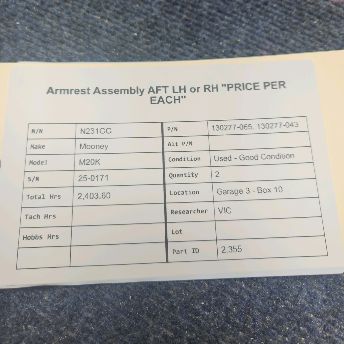 Used aircraft parts for sale, 130277-065, 130277-043 Mooney M20K ARMREST ASSEMBLY AFT LH OR RH "PRICE PER EACH"