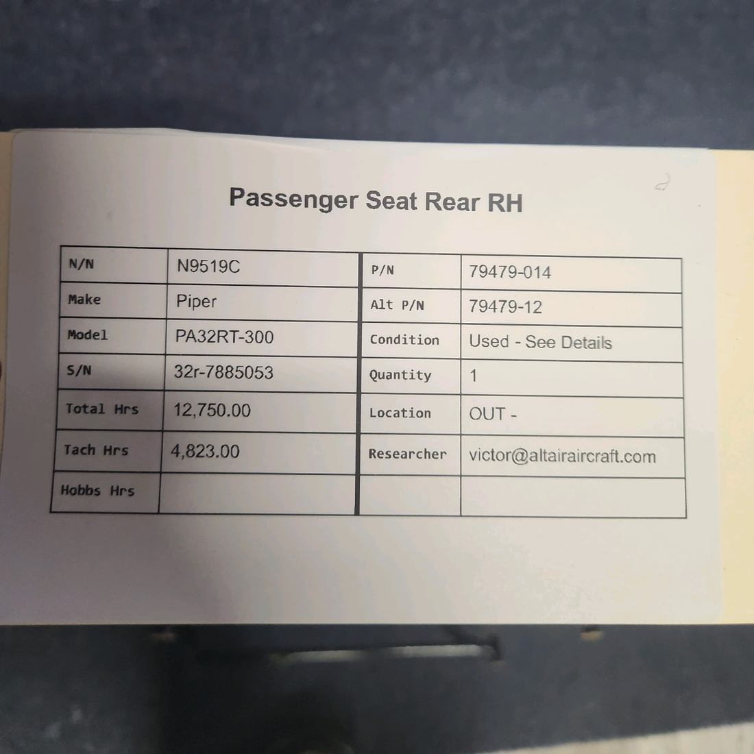 Used aircraft parts for sale, 79479-014 Piper PA32RT-300 PASSENGER SEAT REAR RH