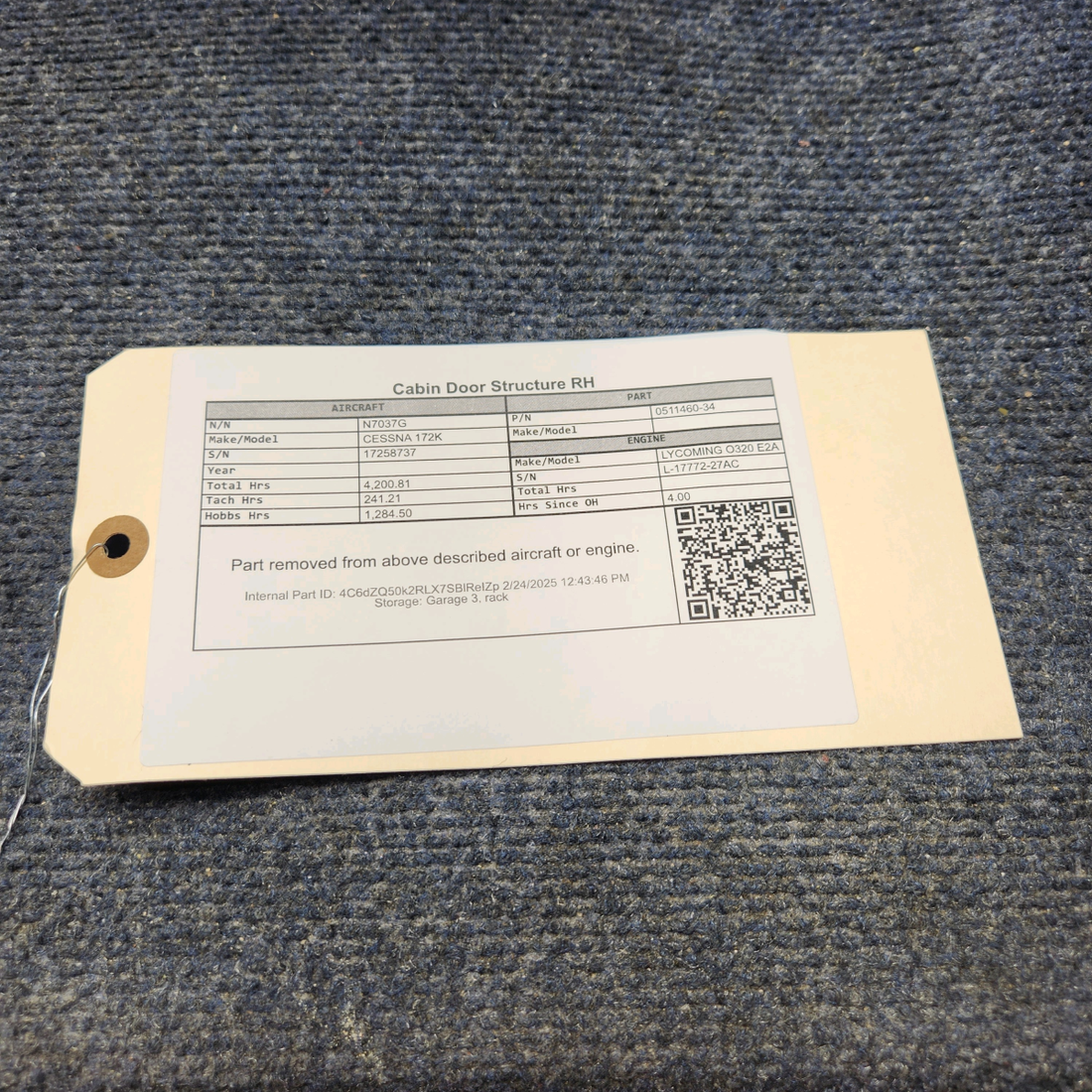 Used aircraft parts for sale, 0511460-34 CESSNA 172K CABIN DOOR STRUCTURE RH