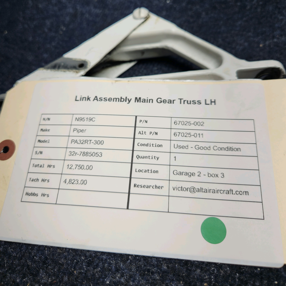 Used aircraft parts for sale, 67025-002 Piper PA32RT-300 LINK ASSEMBLY MAIN GEAR TRUSS LH