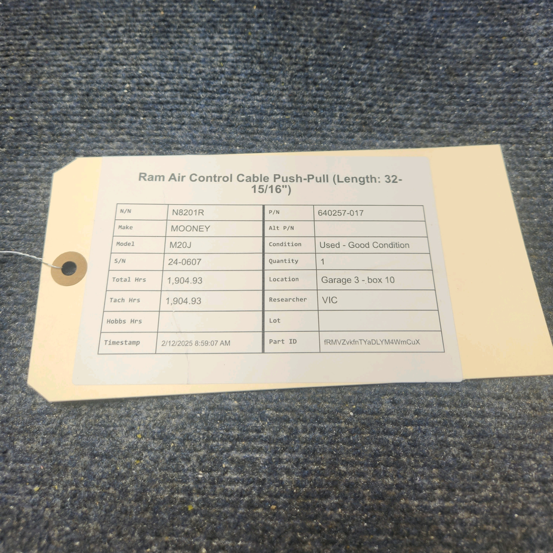 Used aircraft parts for sale, 640257-017 Mooney M20J RAM AIR CONTROL CABLE PUSH-PULL (LENGTH: 32-15/16")