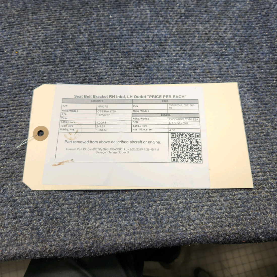 Used aircraft parts for sale, 0510205-3 CESSNA 172K SEAT BELT BRACKET RH INBD, LH OUTBD "PRICE PER EACH"