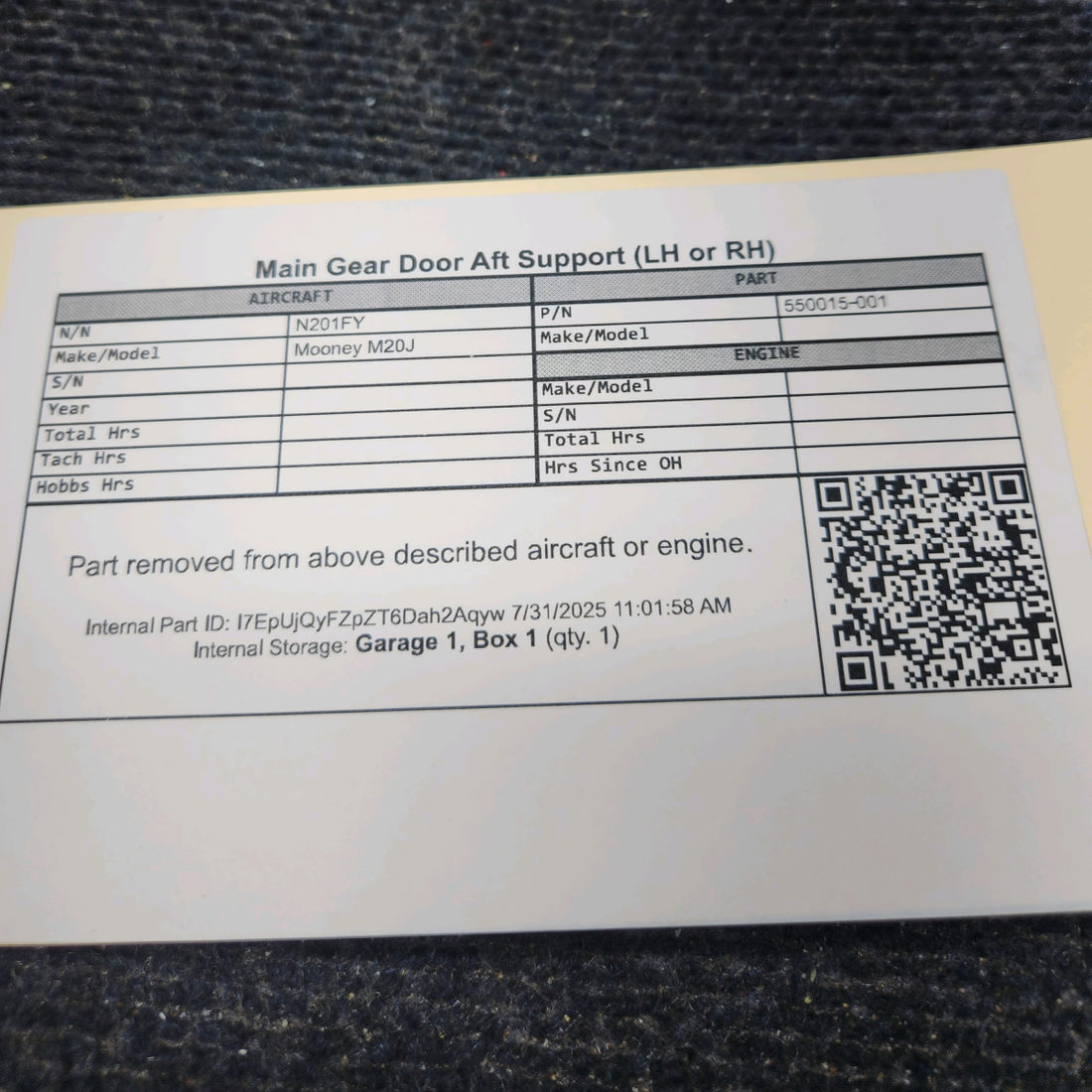 Used aircraft parts for sale, 550015‑001 Mooney M20J Main Gear Door Aft Support LH or RH