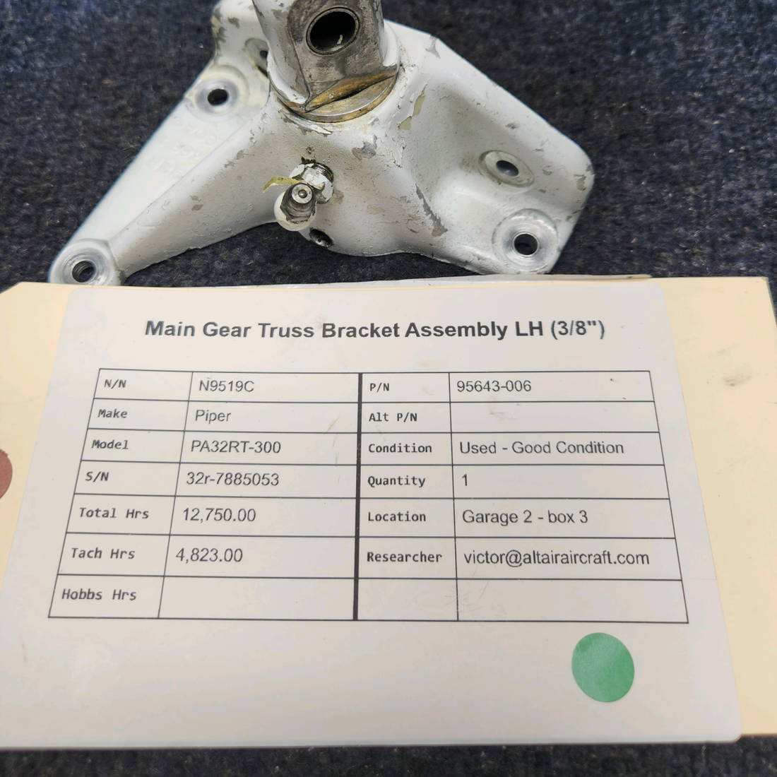 Used aircraft parts for sale, 95643-006 Piper PA32RT-300 MAIN GEAR TRUSS BRACKET ASSEMBLY LH (3/8")