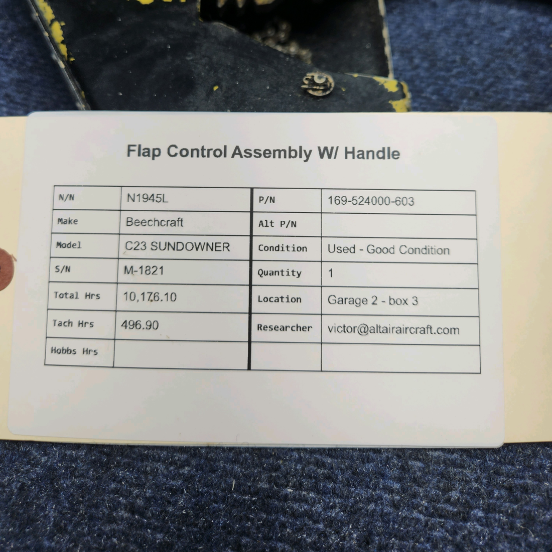 Used aircraft parts for sale, 169-524000-603 Beechcraft C23 SUNDOWNER FLAP CONTROL ASSEMBLY W/ HANDLE