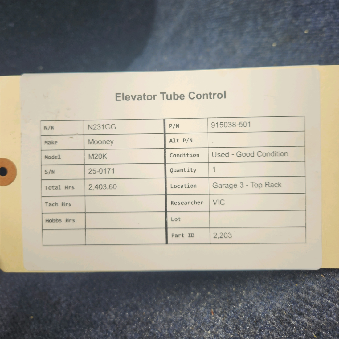 Used aircraft parts for sale, 915038-501 Mooney M20K ELEVATOR TUBE CONTROL