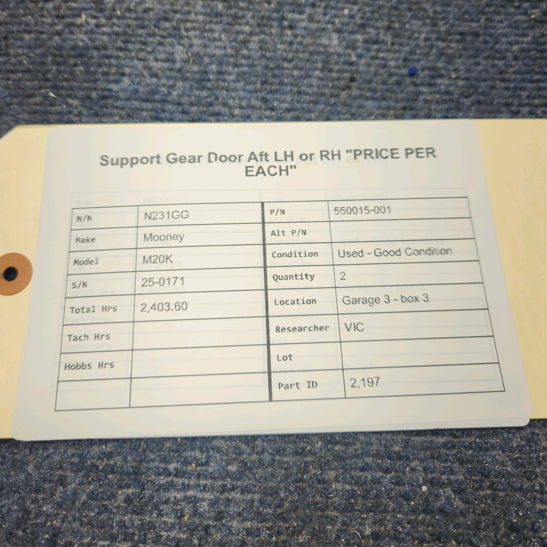 Used aircraft parts for sale, 550015-001 Mooney M20K SUPPORT GEAR DOOR AFT LH OR RH  "PRICE PER EACH"