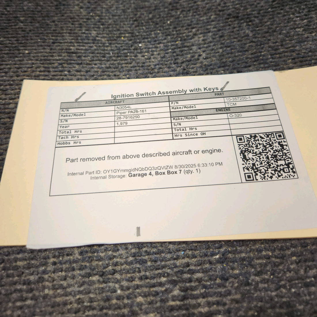 Used aircraft parts for sale, 10-357200-1 TCM Piper PA28-161 Ignition Switch Assembly with Keys