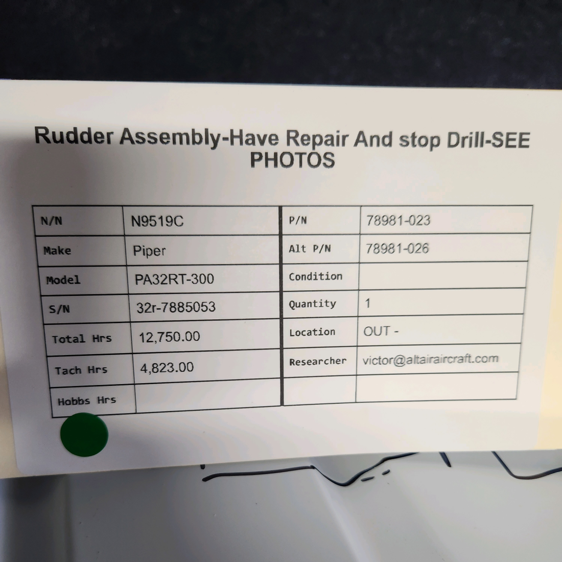 Used aircraft parts for sale, 78981-023 Piper PA32RT-300 RUDDER ASSEMBLY HAS REPAIR AND STOP DRILL-SEE PHOTOS