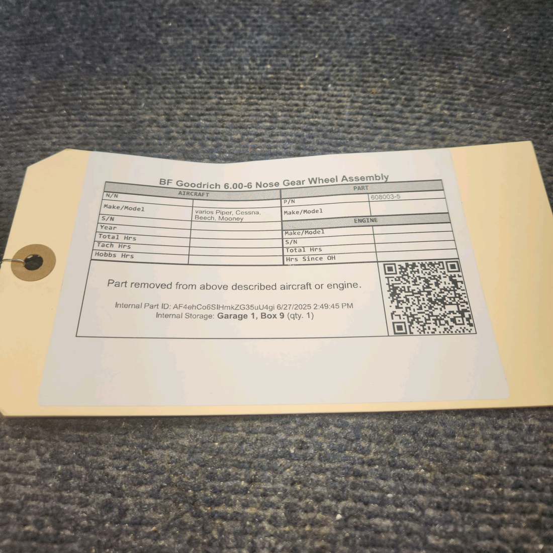 Used aircraft parts for sale, 60-8003-5 BF Goodrich varios Piper, Cessna, Beech, Mooney 6.00-6 Nose Gear Wheel Assembly