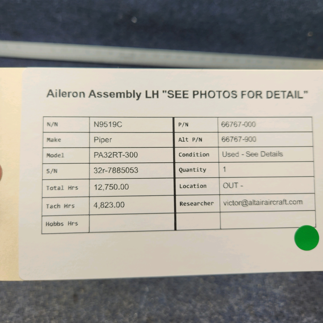 Used aircraft parts for sale, 66767-000 Piper PA32RT-300 AILERON ASSEMBLY LH "SEE PHOTOS FOR DETAIL"