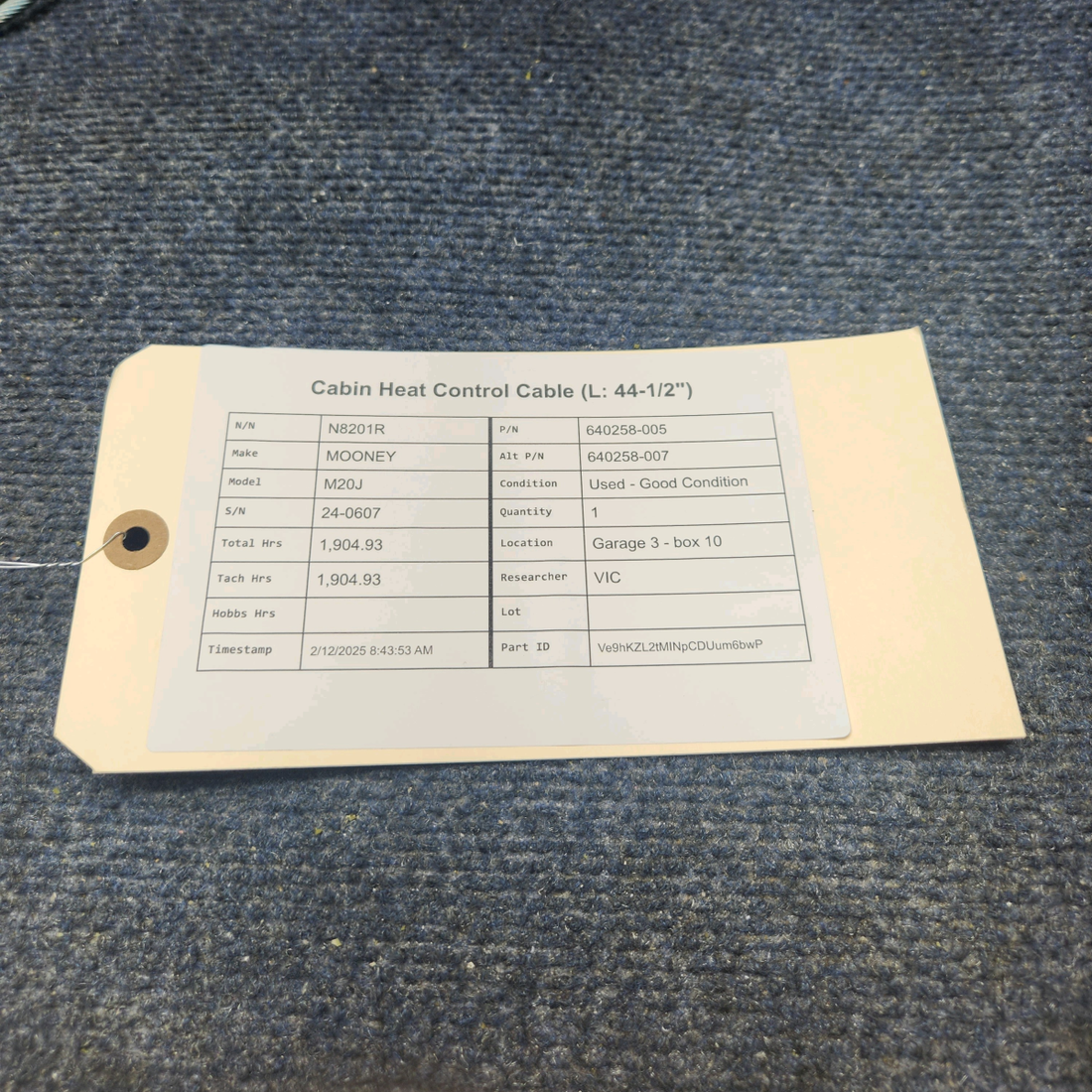 Used aircraft parts for sale, 640258-005 Mooney M20J CABIN HEAT CONTROL CABLE (L: 44-1/2")