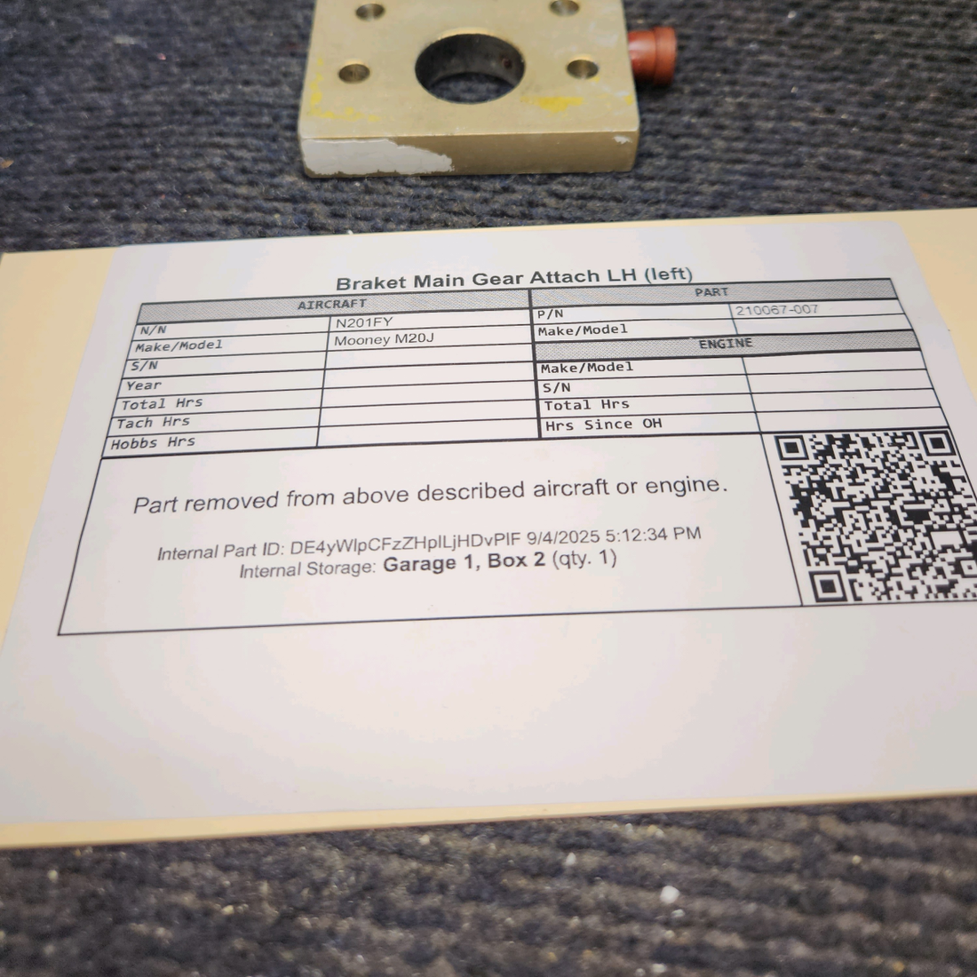 Used aircraft parts for sale, 210067-007 Mooney M20J Landing Gear Support Bracket – LH