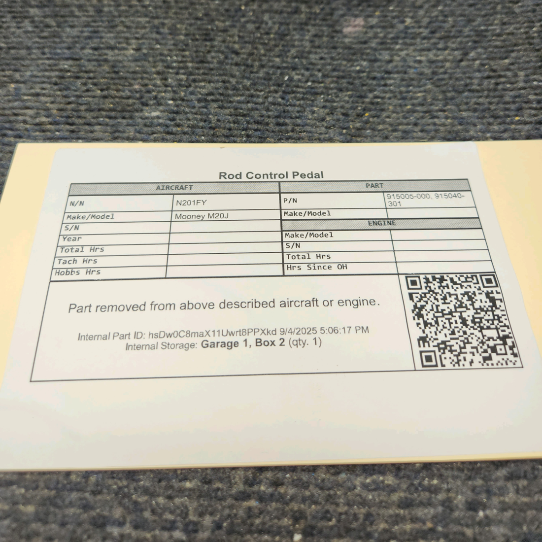 Used aircraft parts for sale, 915005-000 Mooney M20J Rudder Control Rod