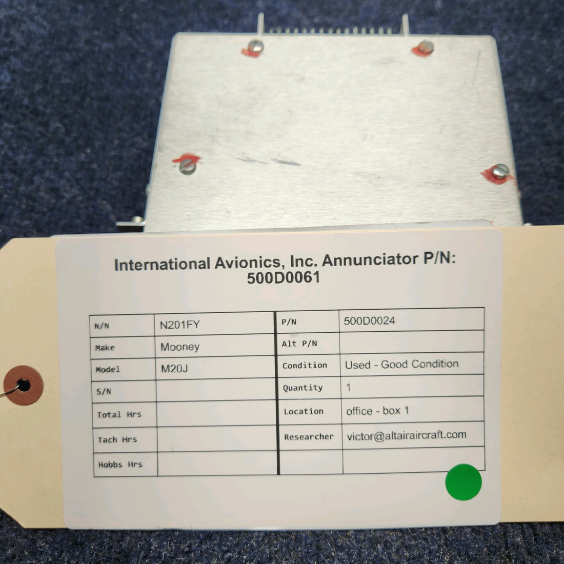 Used aircraft parts for sale, 500D0024 Mooney M20J INTERNATIONAL AVIONICS, INC. ANNUNCIATOR P/N: 500D0061