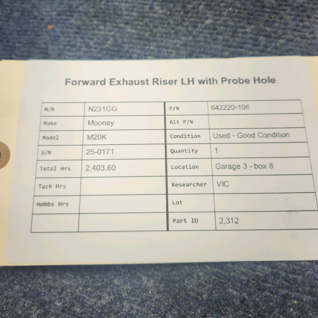 Used aircraft parts for sale, 642220-106 Mooney M20K FORWARD EXHAUST RISER LH WITH PROBE HOLE